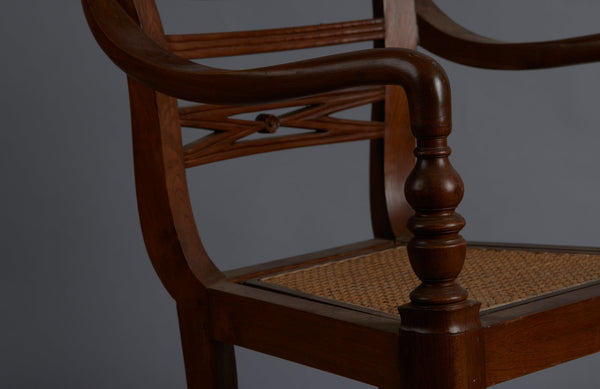 Rolled Arm Dutch Colonial Teak Side Chair with Turned Legs and a Removable Rattan Seat