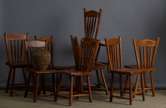 Set of 8 Primitive Plank Seats Spindled Back Dining Chairs