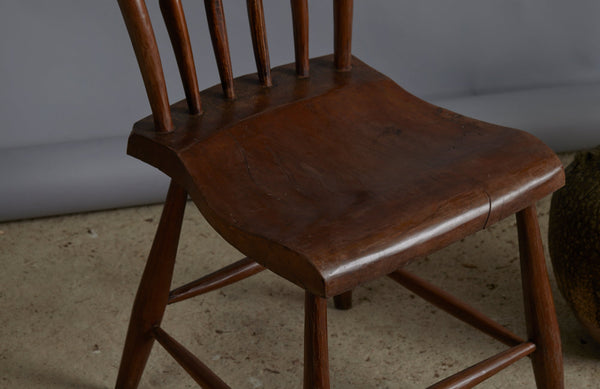 Pair of Primitive Plank Seats Spindled Back Dining Chairs