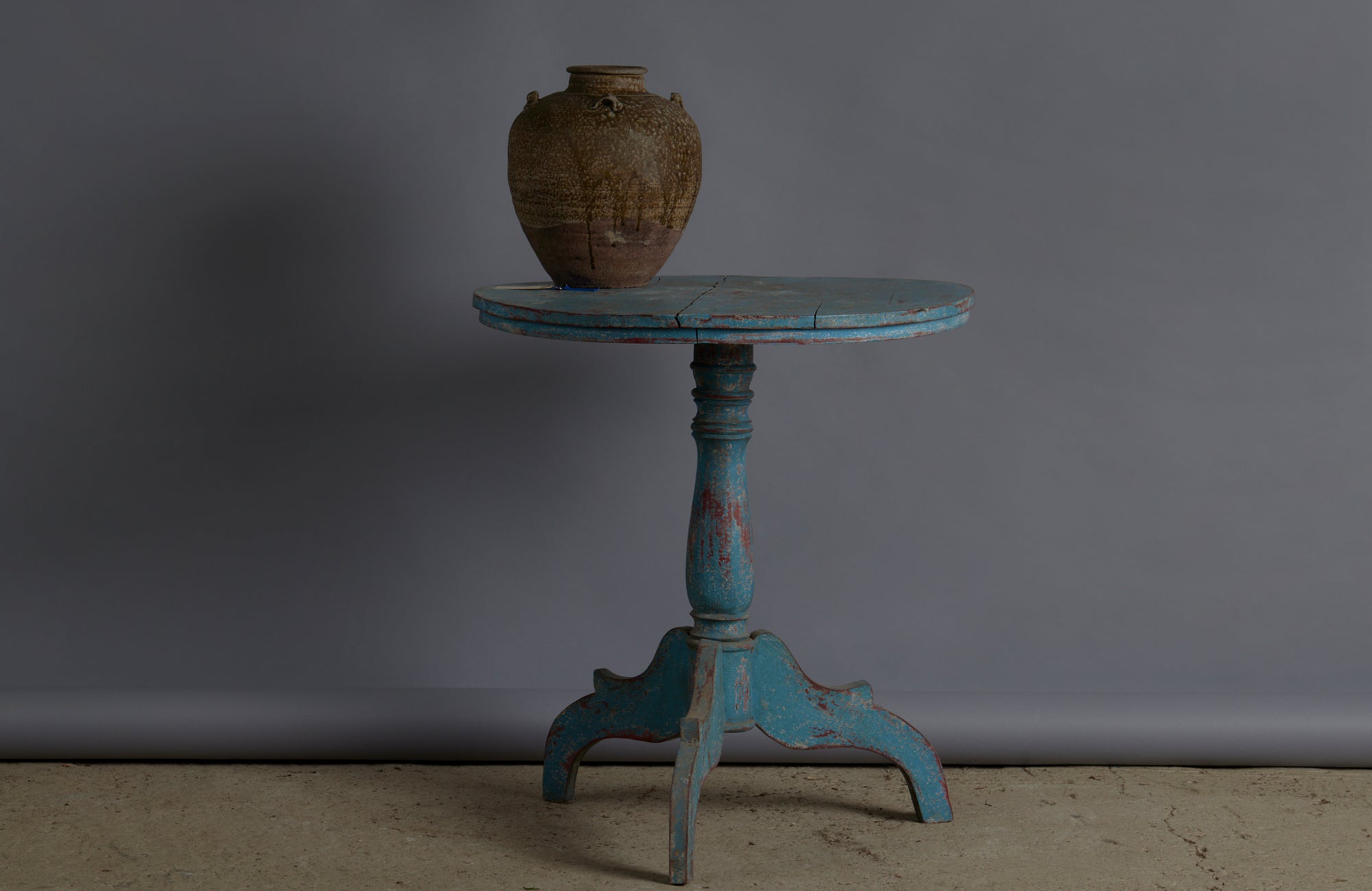 Small Round Teak Blue Painted Side Table with Delicate Turn Base and Nice Worn Top