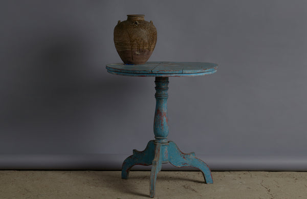 Small Round Teak Blue Painted Side Table with Delicate Turn Base and Nice Worn Top