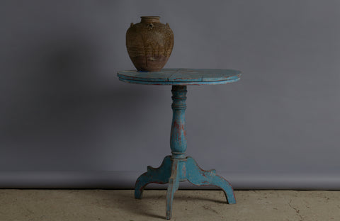 Small Round Teak Blue Painted Side Table with Delicate Turn Base and Nice Worn Top