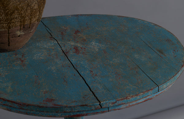 Small Round Teak Blue Painted Side Table with Delicate Turn Base and Nice Worn Top