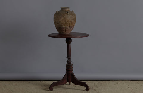 Small Round Teak Side Table with Scrolled Legs and a Turned Base