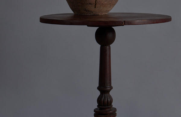 Small Round Teak Side Table with Scrolled Legs and a Turned Base