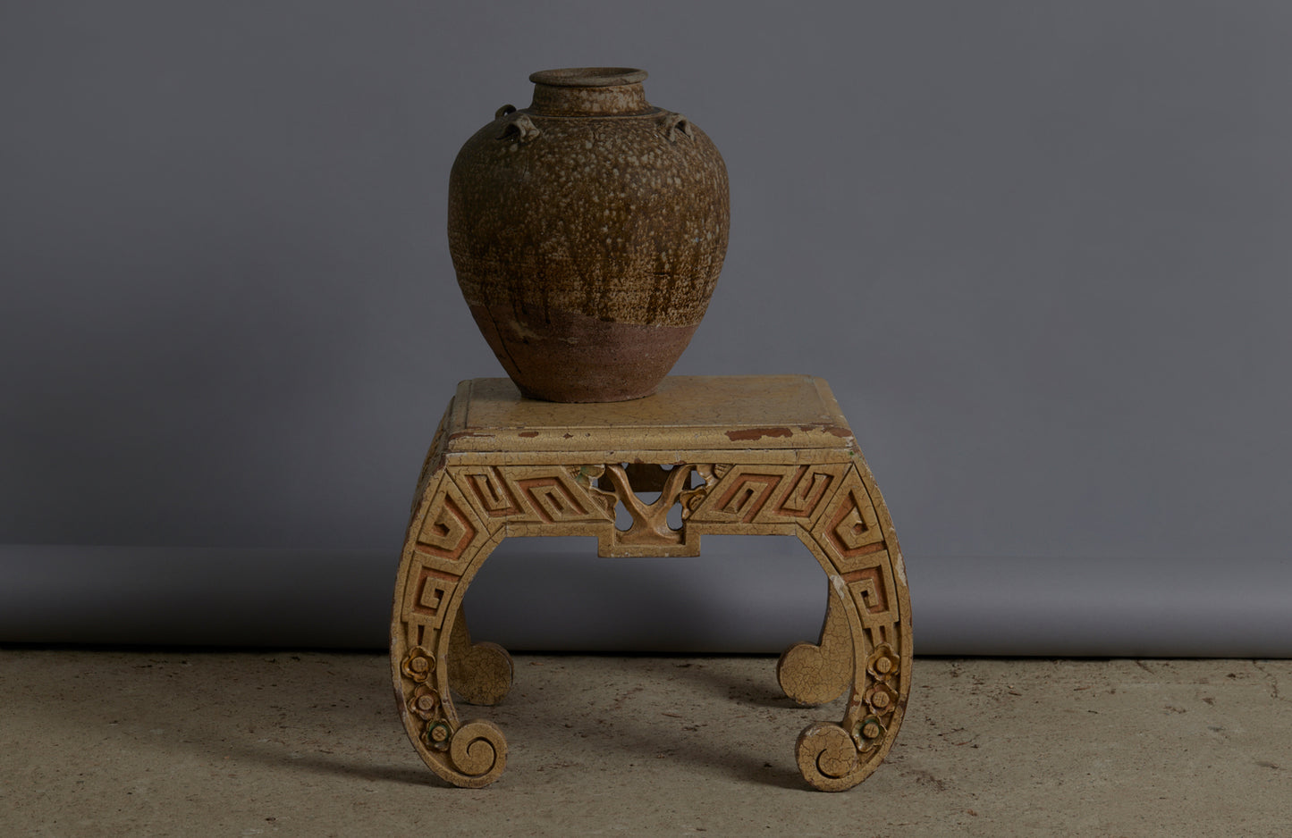 Small Ethnic Chinese Art Deco Stool in Old White Paint