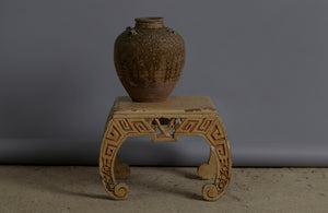 Small Ethnic Chinese Art Deco Stool in Old White Paint