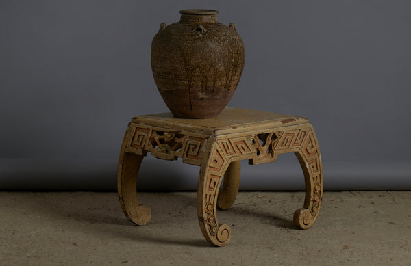 Small Ethnic Chinese Art Deco Stool in Old White Paint