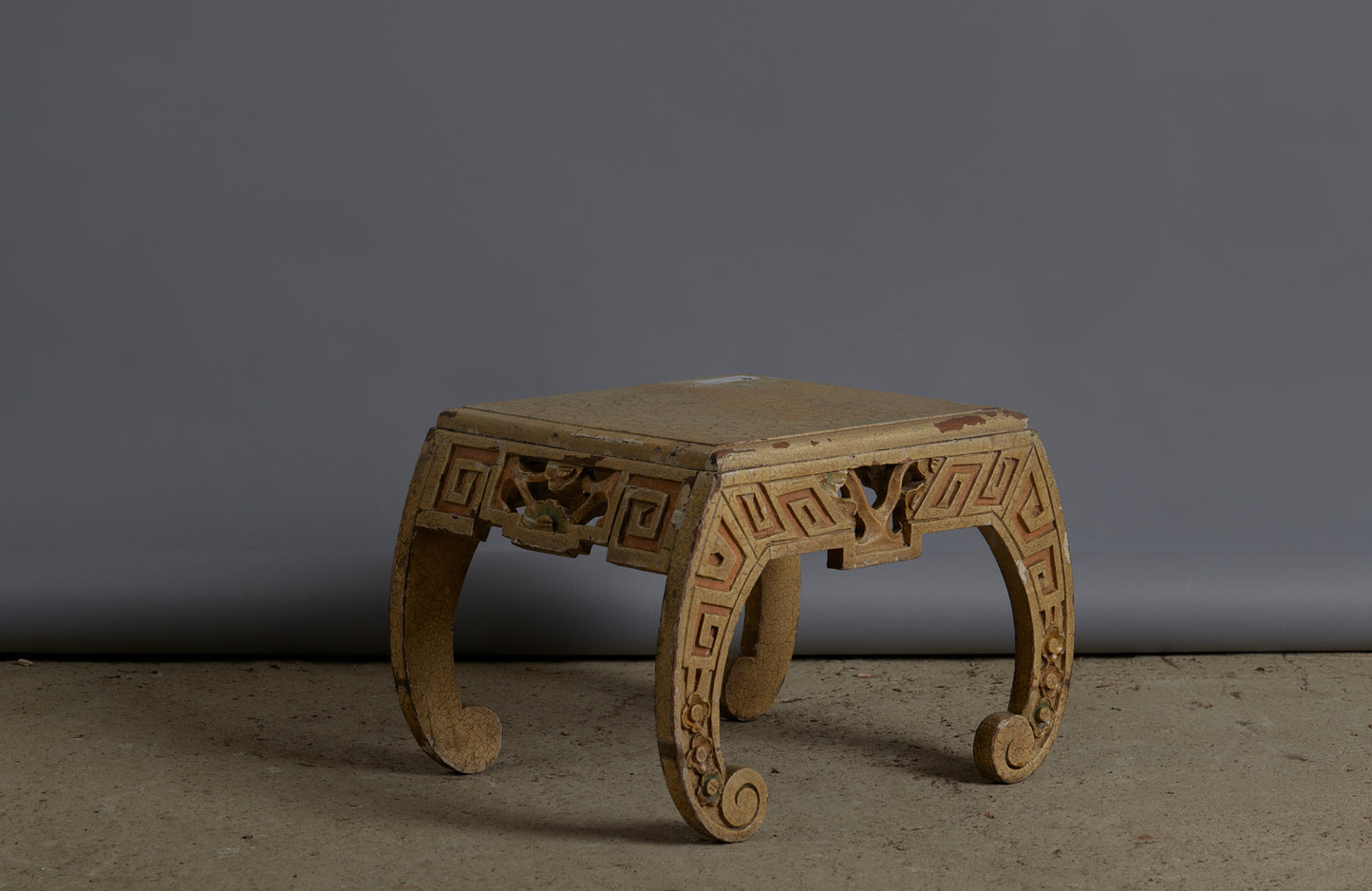 Small Ethnic Chinese Art Deco Stool in Old White Paint