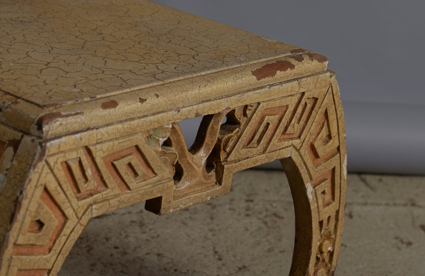 Small Ethnic Chinese Art Deco Stool in Old White Paint