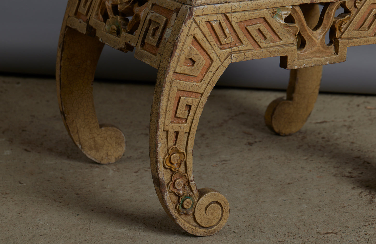 Small Ethnic Chinese Art Deco Stool in Old White Paint