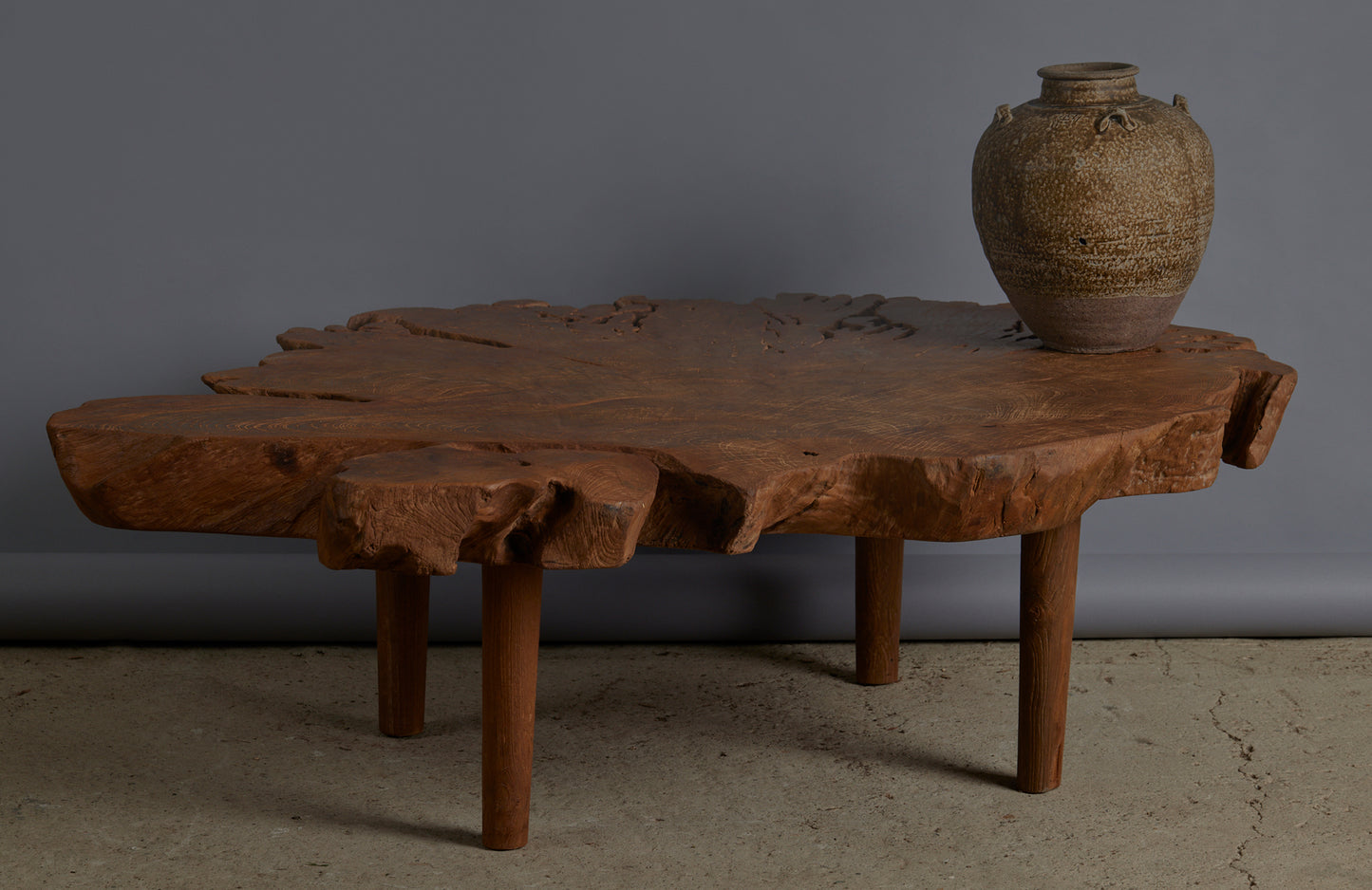 Coffee Table Made Out of an Ancient Slab of Old Growth Teak Mounted on Simple Legs