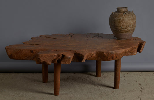 Coffee Table Made Out of an Ancient Slab of Old Growth Teak Mounted on Simple Legs