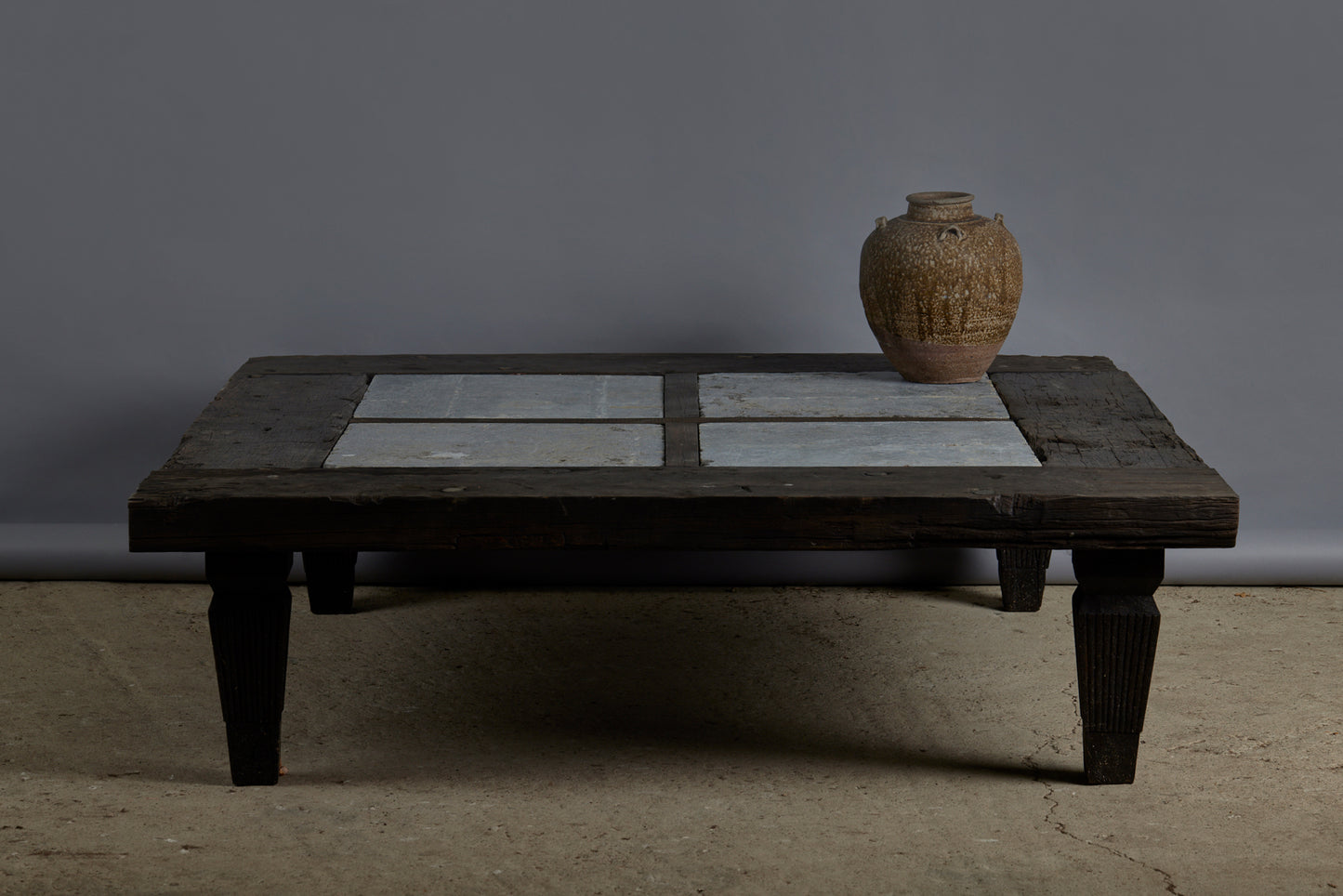 Large 5 foot Square Teak and Stone Coffee Table Incorporating 4 Pieces of Belgian Blue Stone