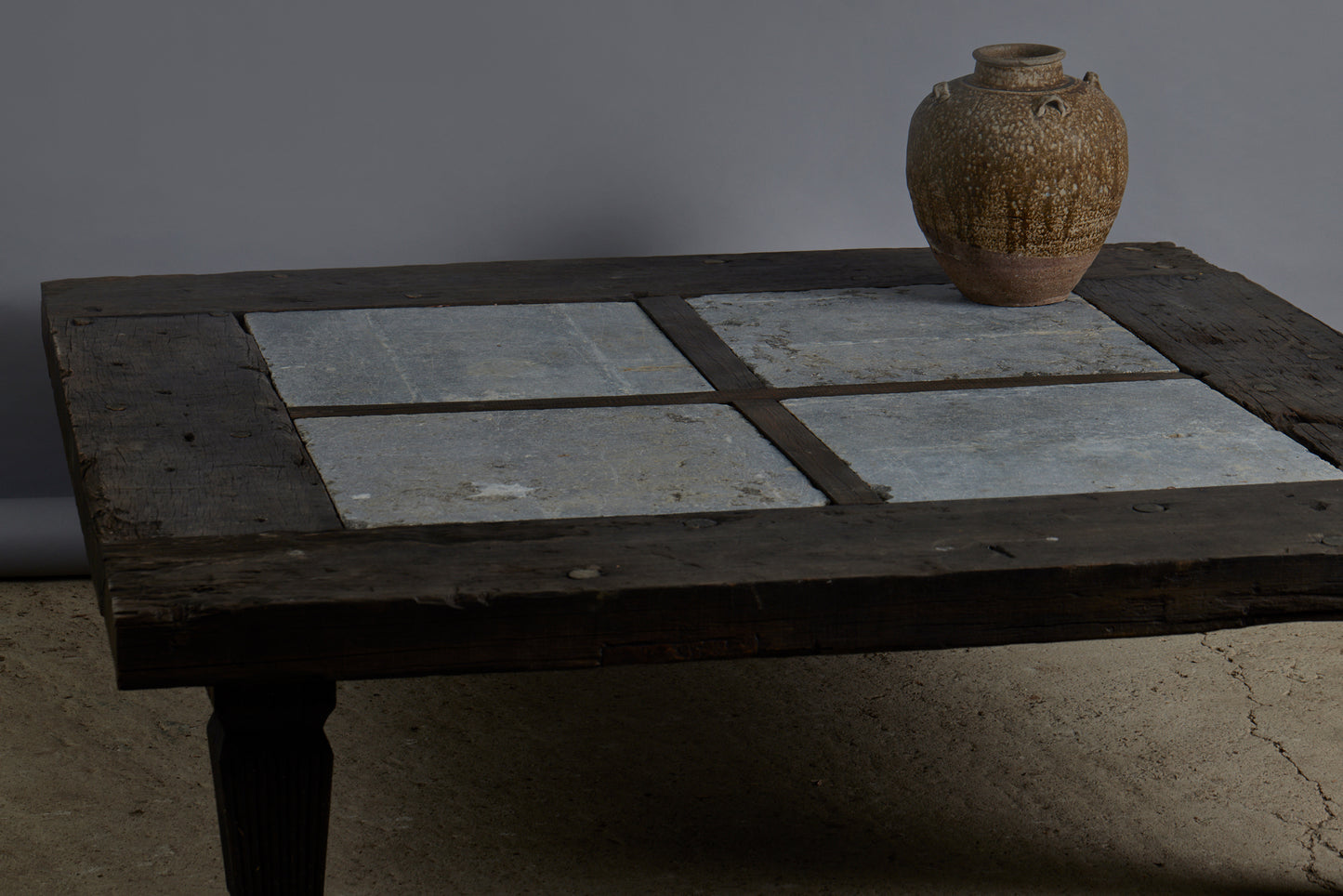 Large 5 foot Square Teak and Stone Coffee Table Incorporating 4 Pieces of Belgian Blue Stone