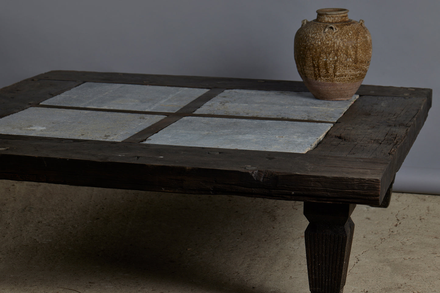Large 5 foot Square Teak and Stone Coffee Table Incorporating 4 Pieces of Belgian Blue Stone