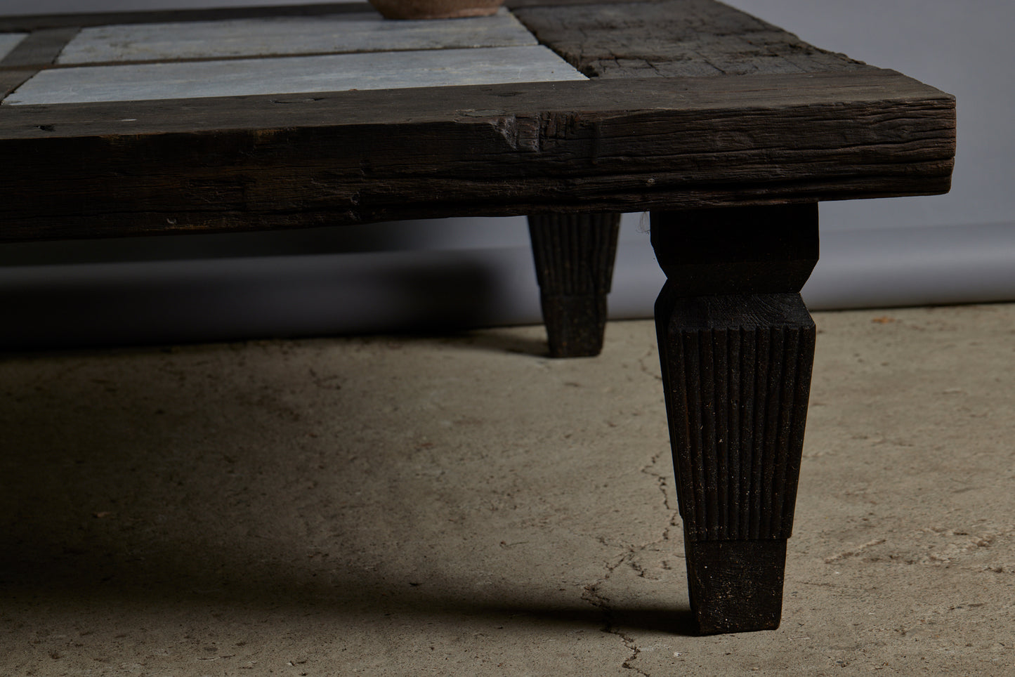 Large 5 foot Square Teak and Stone Coffee Table Incorporating 4 Pieces of Belgian Blue Stone