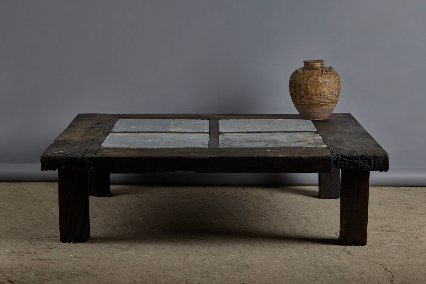 Large 5' Square Teak and Stone Coffee Table Incorporating 4 Pieces of Belgian Blue stone