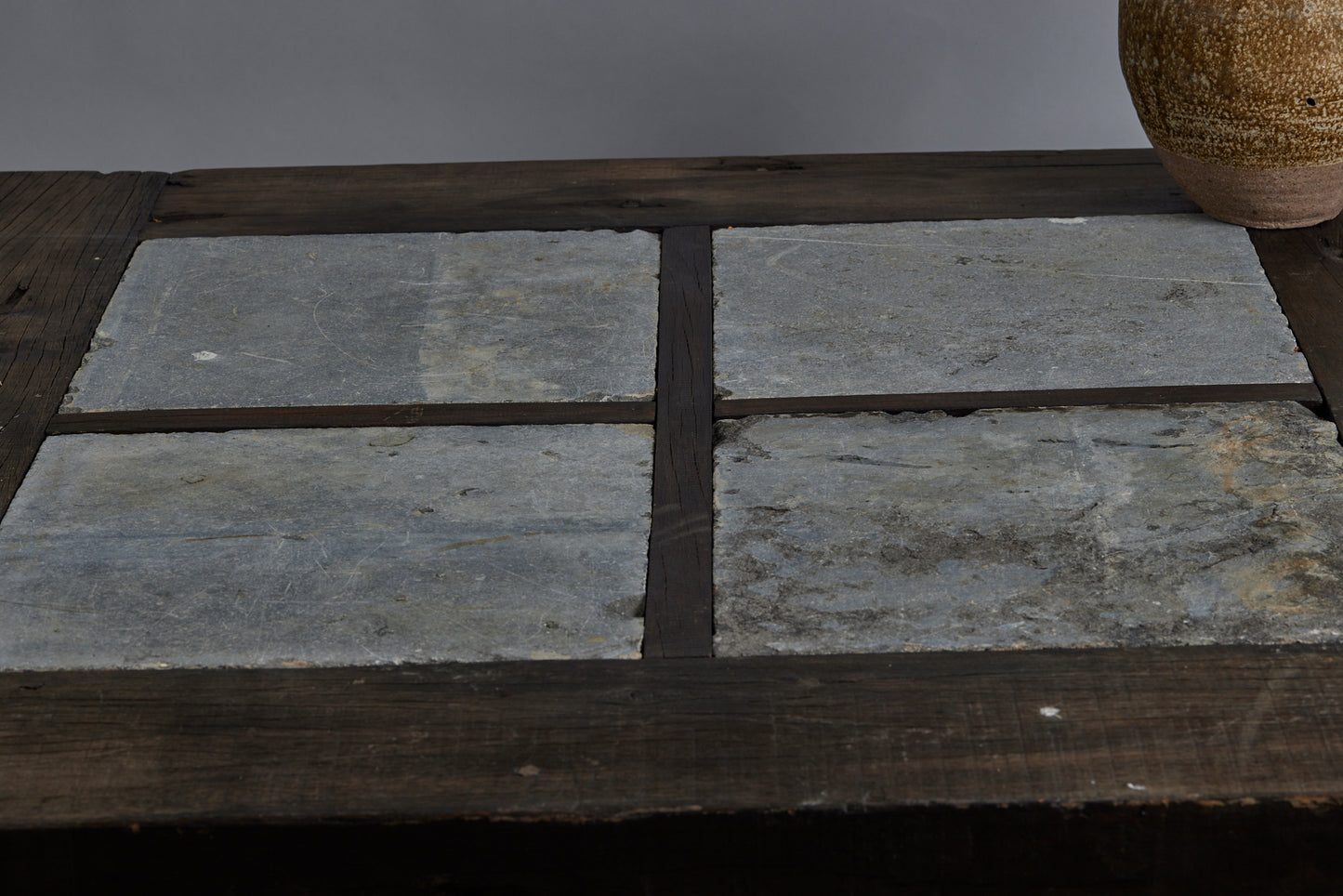 Large 5' Square Teak and Stone Coffee Table Incorporating 4 Pieces of Belgian Blue stone