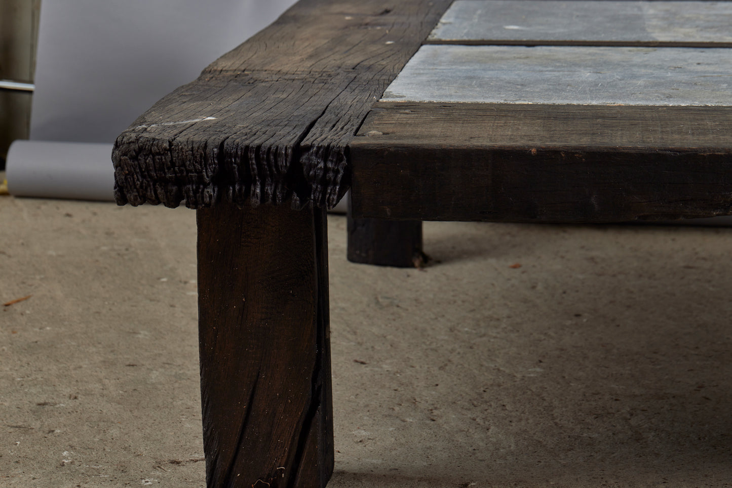 Large 5' Square Teak and Stone Coffee Table Incorporating 4 Pieces of Belgian Blue stone
