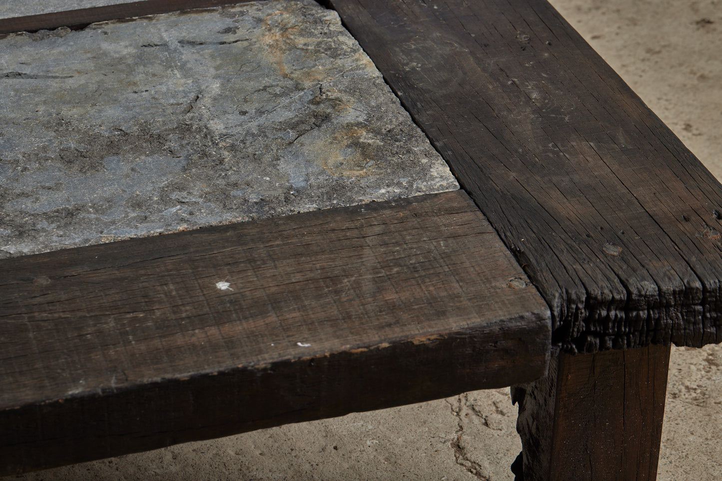 Large 5' Square Teak and Stone Coffee Table Incorporating 4 Pieces of Belgian Blue stone