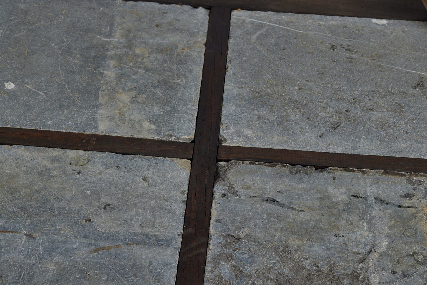 Large 5' Square Teak and Stone Coffee Table Incorporating 4 Pieces of Belgian Blue stone