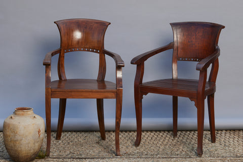 Married Pair 1930s Teak Dutch Colonial Armchairs from Java