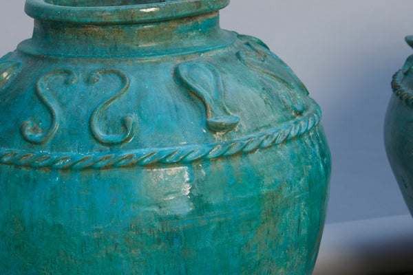 Pair of Blue Green Glazed Jars with Raised Decoration on the Shoulders from Borneo