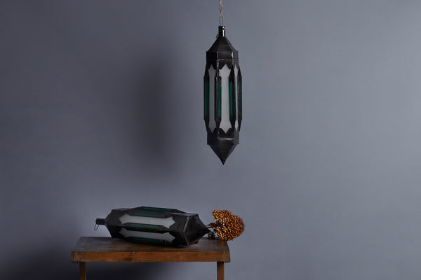 Emerald Green & Frosted Glass Large Hanging Moroccan Lantern