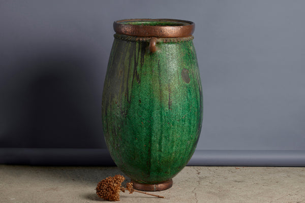 Early Tall Green Glazed Moroccan Stoneware Jardinière with Copper Repairs to Rim and Foot