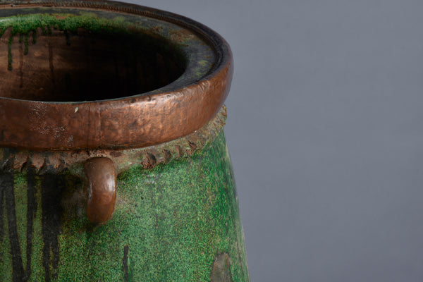 Early Tall Green Glazed Moroccan Stoneware Jardinière with Copper Repairs to Rim and Foot