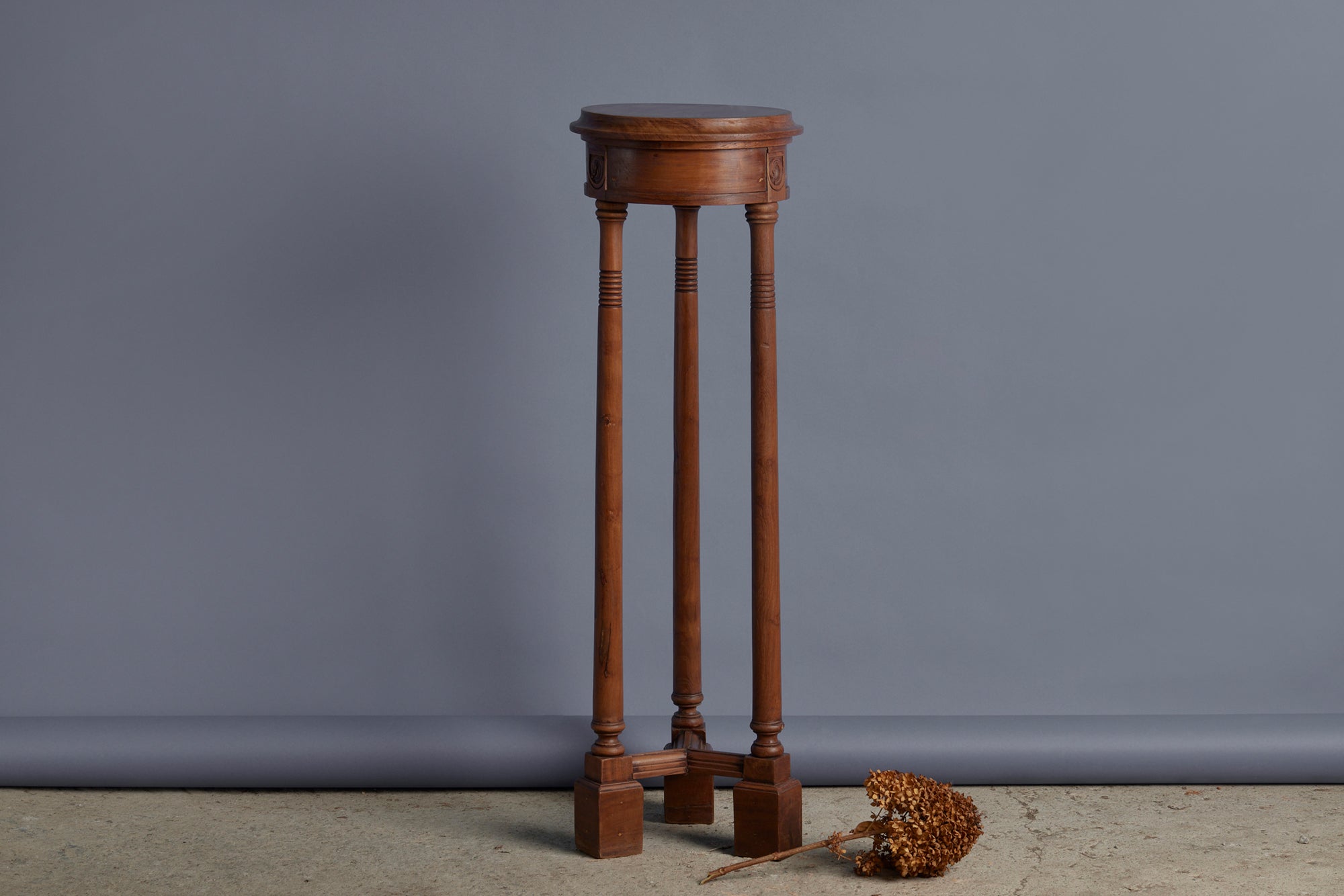 Deco Plant Stand Period Dutch Colonial Teak with Carved Features at the Top of the Column