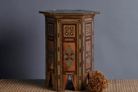 Hexagonal Moroccan Tabouret with Camel Bone & Satin Wood Inlay