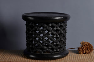 Small Round Ebonized Carved Wooden Drum Table from Mali