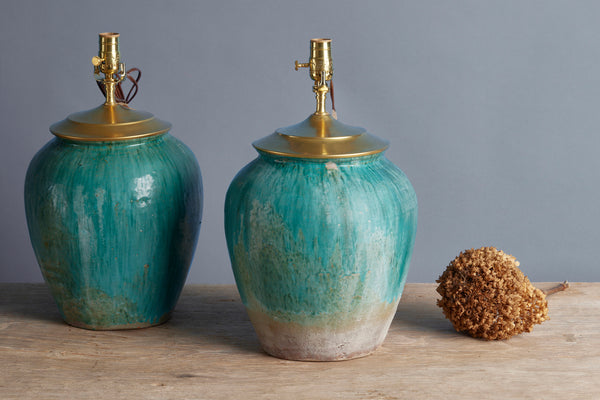 Early Blue Green Storage Jar from Island of Borneo Converted into Lamp