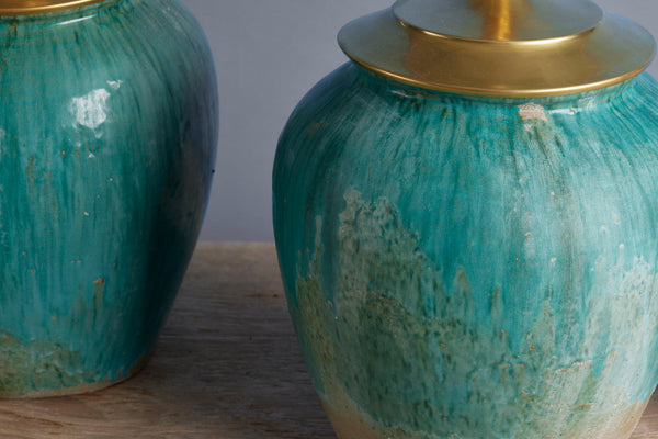 Early Blue Green Storage Jar from Island of Borneo Converted into Lamp