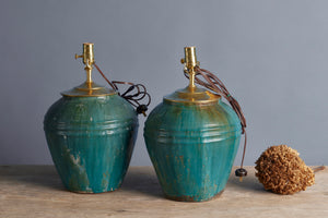 Small Green Glazed Storage Jar with 3 Central Ribs from Island of Borneo Converted into Lamps
