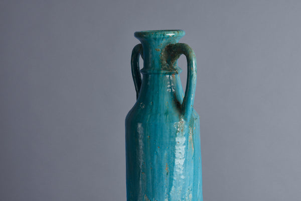 Blue Green Glaze Stoneware Amphora with a Tripod Iron Base from Island of Borneo