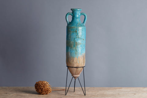 Blue Green Glaze Stoneware Amphora with a Tripod Iron Base from the Island of Borneo