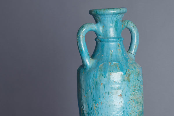 Blue Green Glaze Stoneware Amphora with a Tripod Iron Base from the Island of Borneo