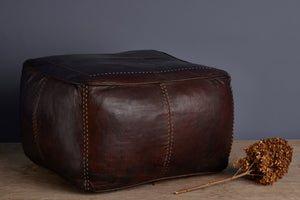 Dark Chocolate Thick Leather Moroccan Poof with Heavy Cream Stitching