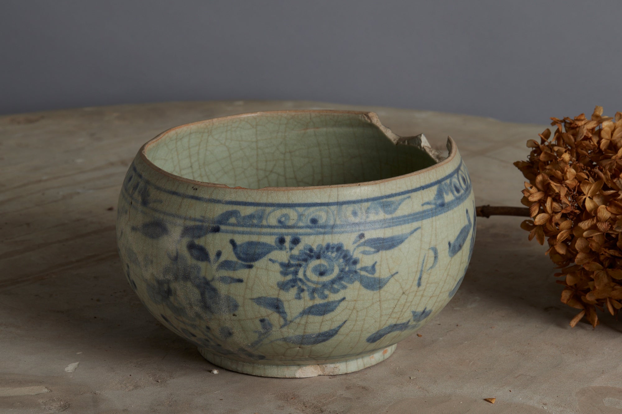 Large Blue and White Ming Swatow Decorated Bowl found in the Musi River Basin in Sumatra with Some Old Damage to the Rim