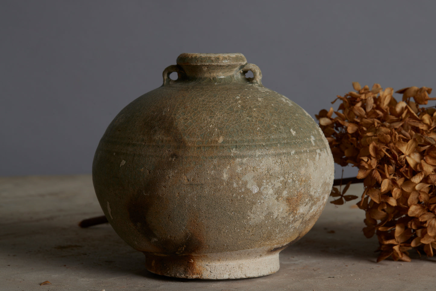 Two Handle Celadon Glaze Coconut Shape Bottle found in Musi River Basin in Sumatra