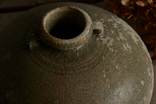 Two Handle Celadon Glaze Coconut Shape Bottle found in Musi River Basin in Sumatra