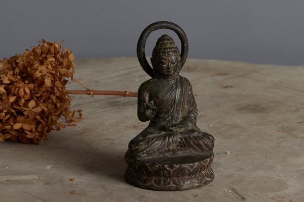 Early Iron Cast Figure of Buddha Seated on a Lotus Base with Old Traces of Paint