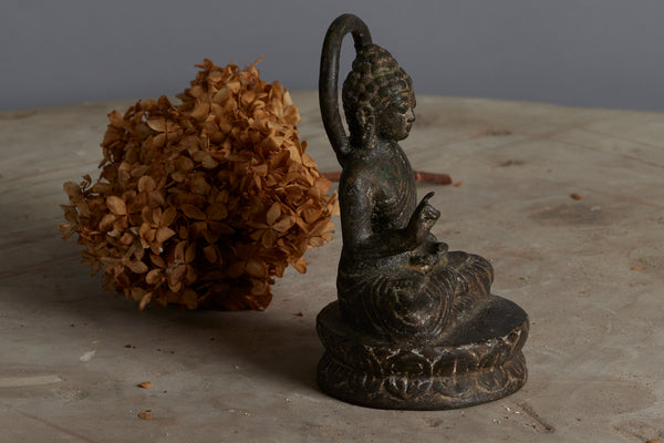 Early Iron Cast Figure of Buddha Seated on a Lotus Base with Old Traces of Paint