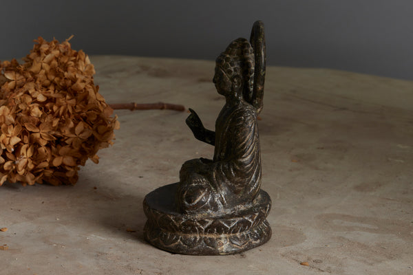 Early Iron Cast Figure of Buddha Seated on a Lotus Base with Old Traces of Paint