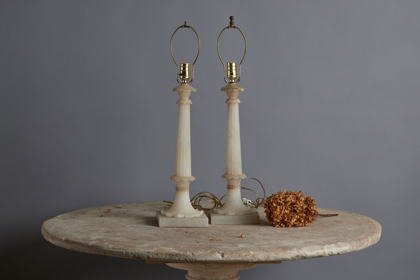Early Pair of Italian 1910-1920 Fluted Column Alabaster Lamps