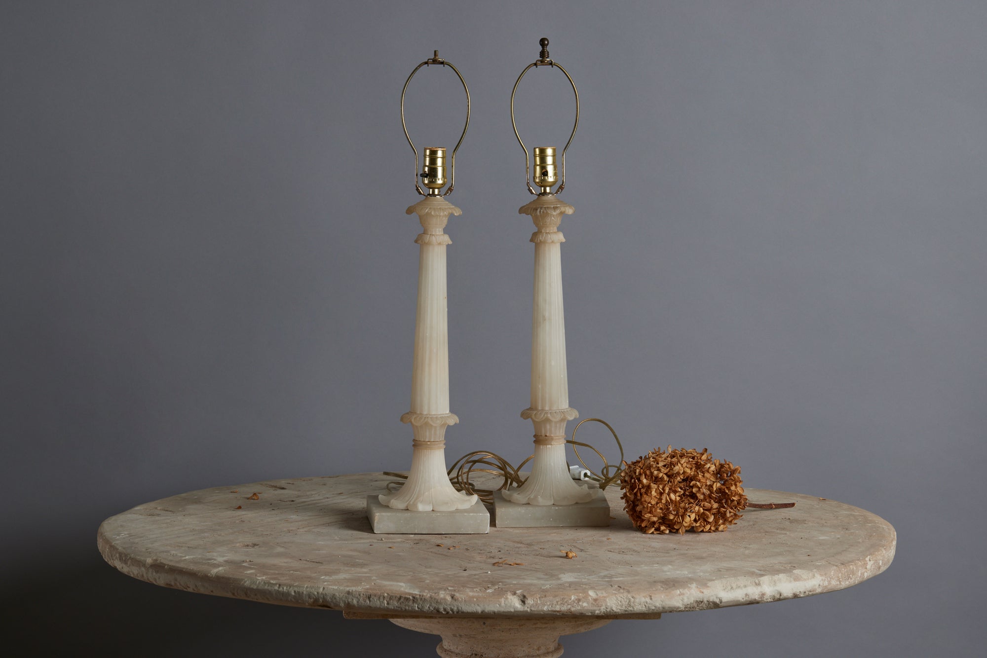 Early Pair of Italian 1910-1920 Fluted Column Alabaster Lamps