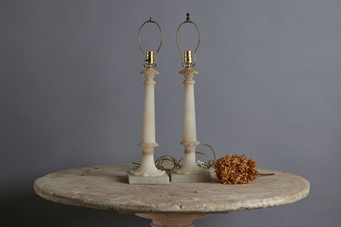 Early Pair of Italian 1910-1920 Fluted Column Alabaster Lamps